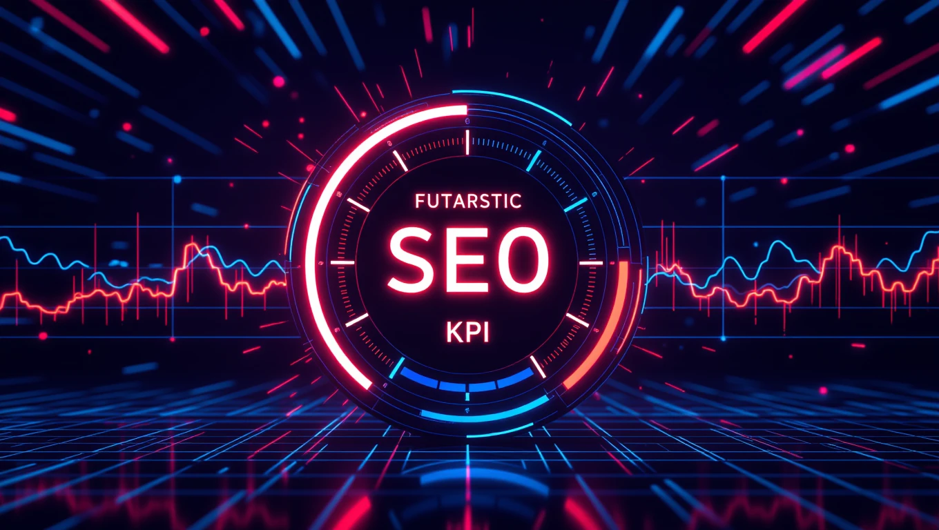 Grafika znázorňujúca SEO KPI s futuristickým dizajnom a grafmi.