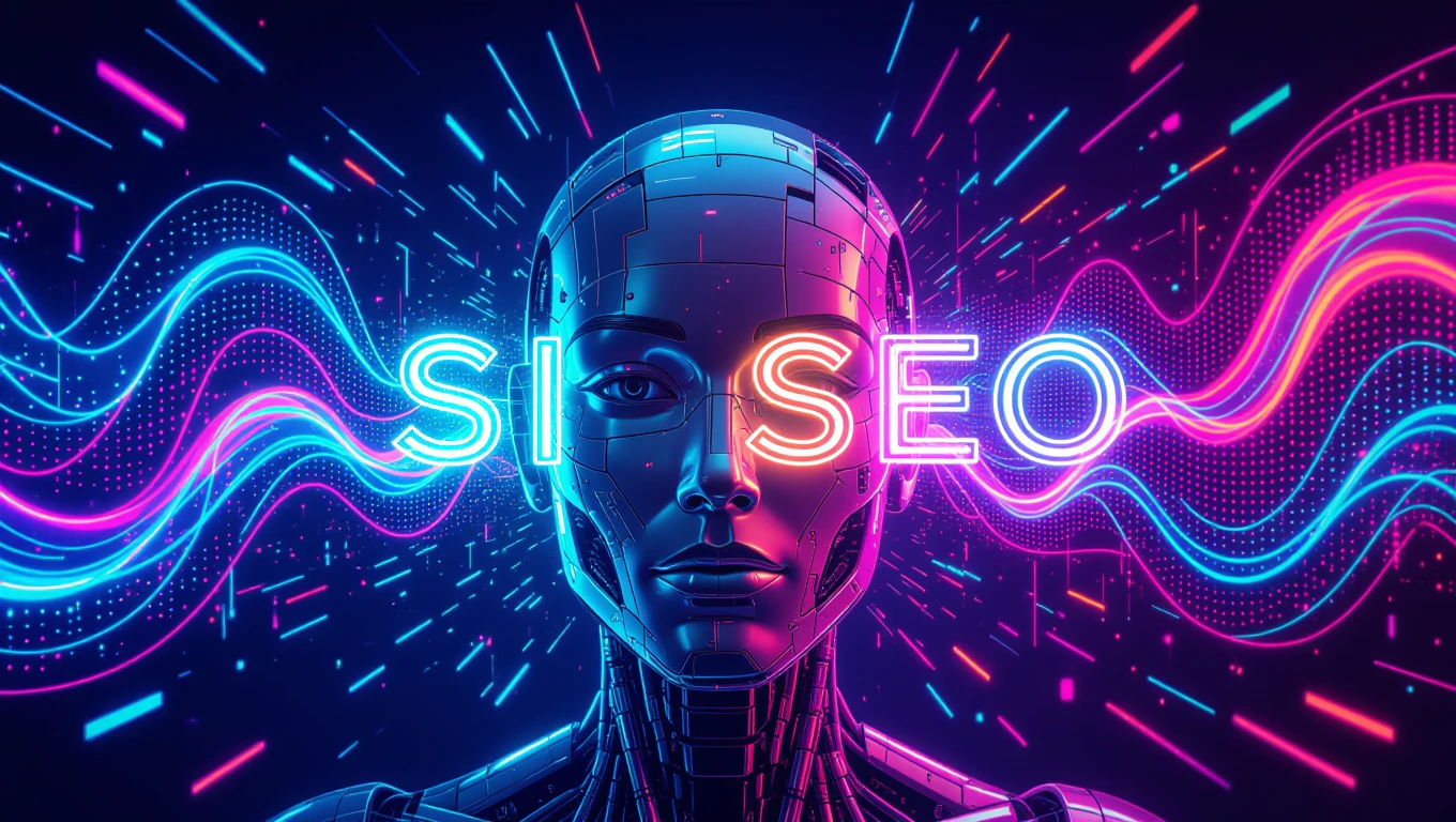 Futuristická robotická hlava s nápisom SEO a farebnými svetelnými efektmi.
