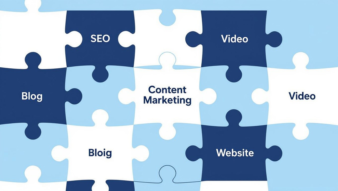 Obrázok puzzle s nápismi SEO, blog, video a content marketing, symbolizujúci prepojenie týchto tém.