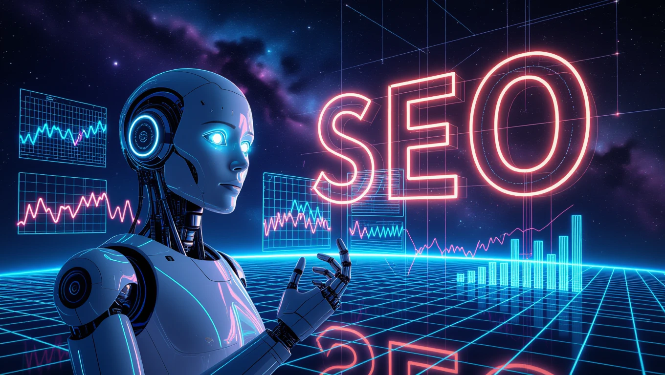 Robot s modrými očami analyzuje grafy a trendy v oblasti SEO.