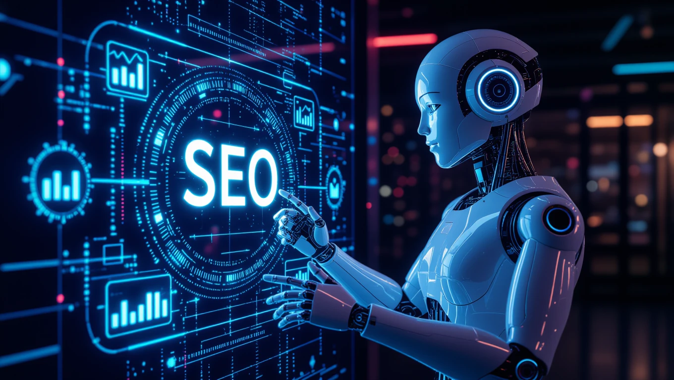 Robot ukazujúci na nápis SEO na digitálnom displeji s grafmi.