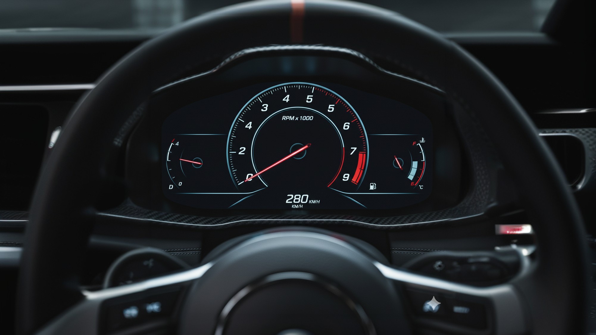 Detail palubného počítača automobilu s ukazovateľmi rýchlosti a otáčok.