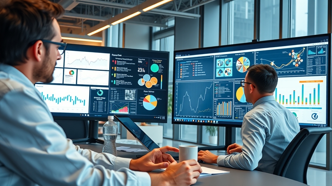 Dva muži ülnek egy modern irodában, adatelemző képernyők előtt.