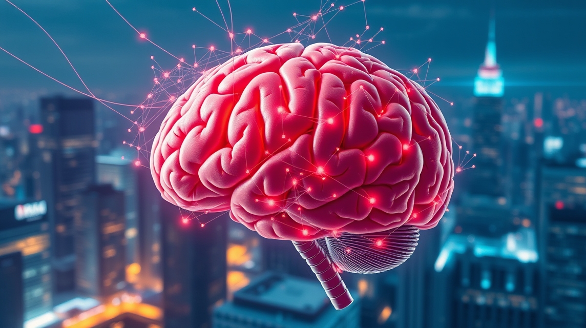 3D ábrázolású agy, amely fényes neuronális kapcsolatokkal rendelkezik, városi háttér előtt.
