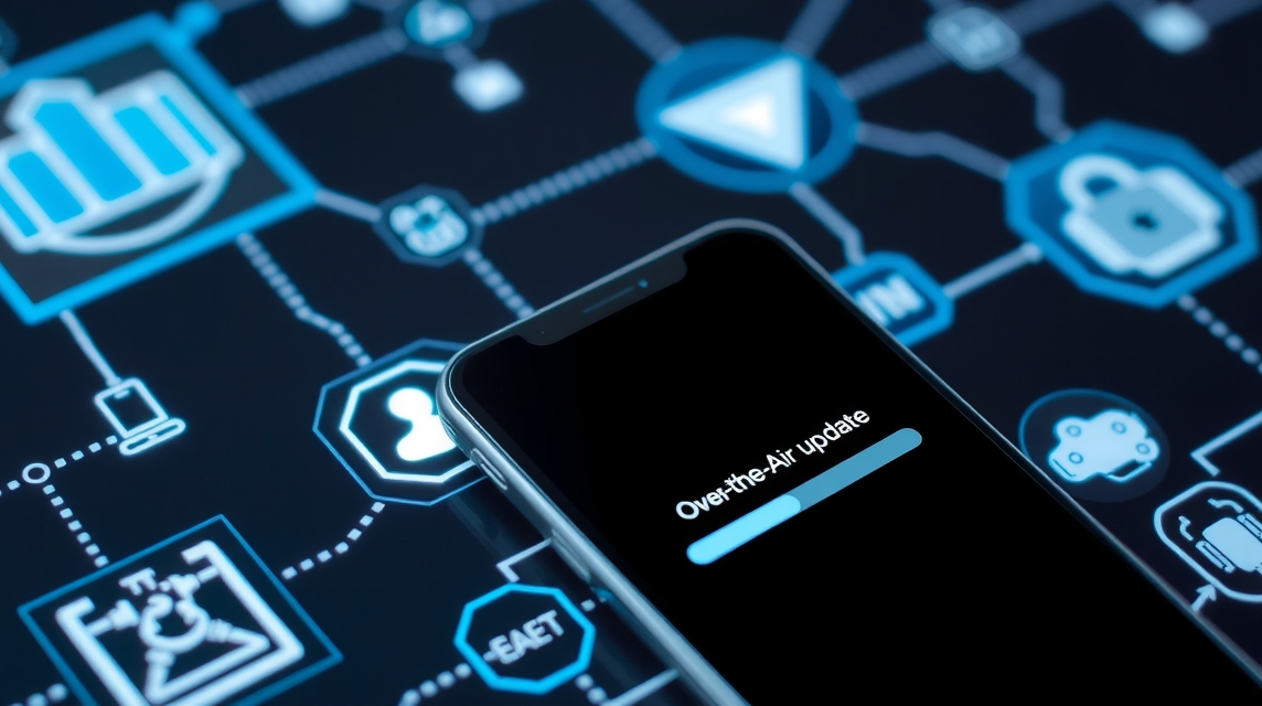 Mobilný telefón zobrazuje aktualizáciu cez vzduch s modrým pozadím a ikonami.