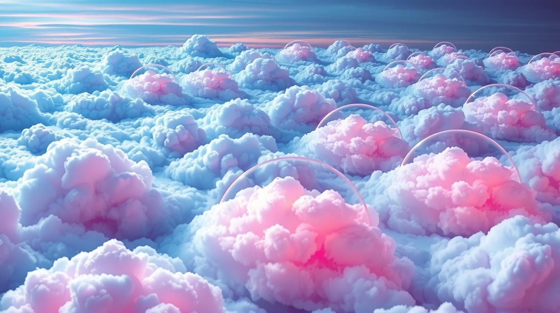 Rózsaszín és kék felhők tengerén lebegő buborékok látványa.