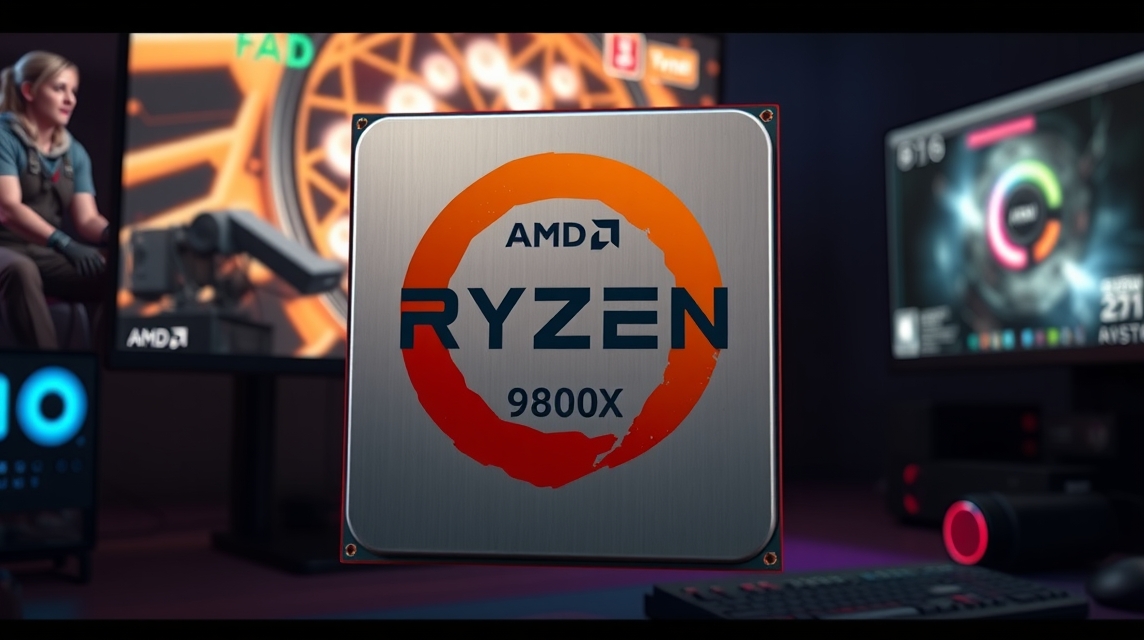 Procesor AMD Ryzen 9800X a pozadí s herným monitorom a technológiou.
