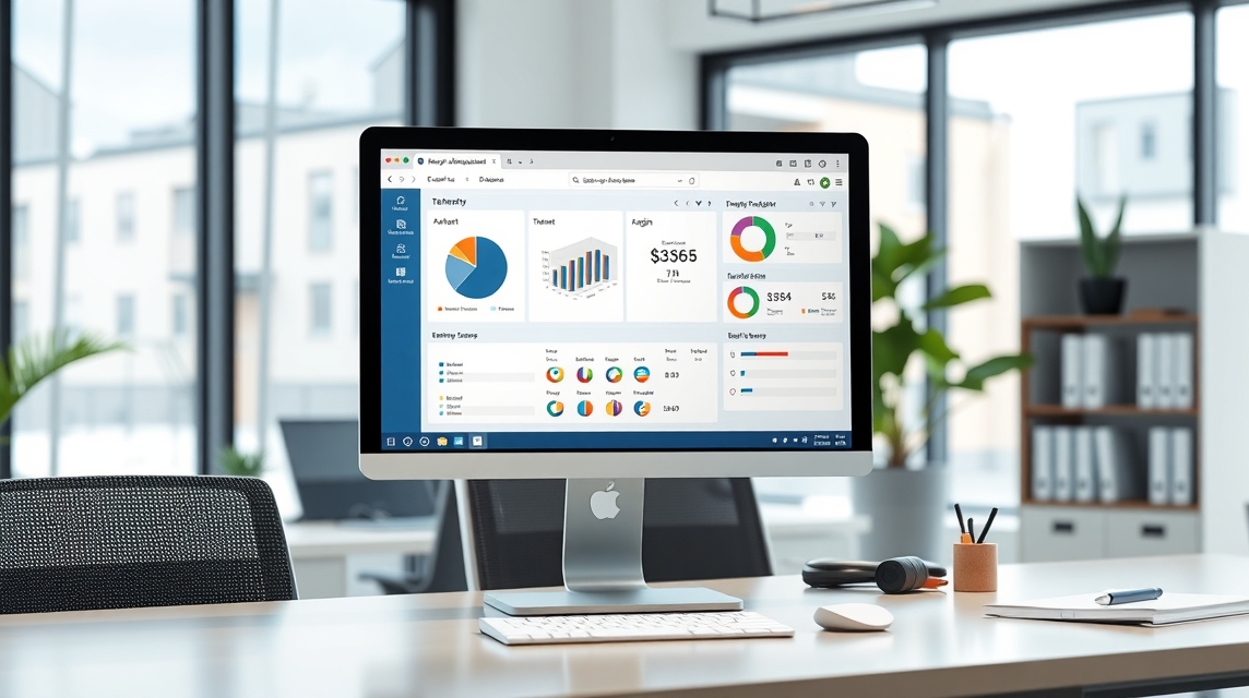 Počítačový monitor, ktorý zobrazuje analytické grafy a štatistiky v modernom kancelárskom prostredí.
