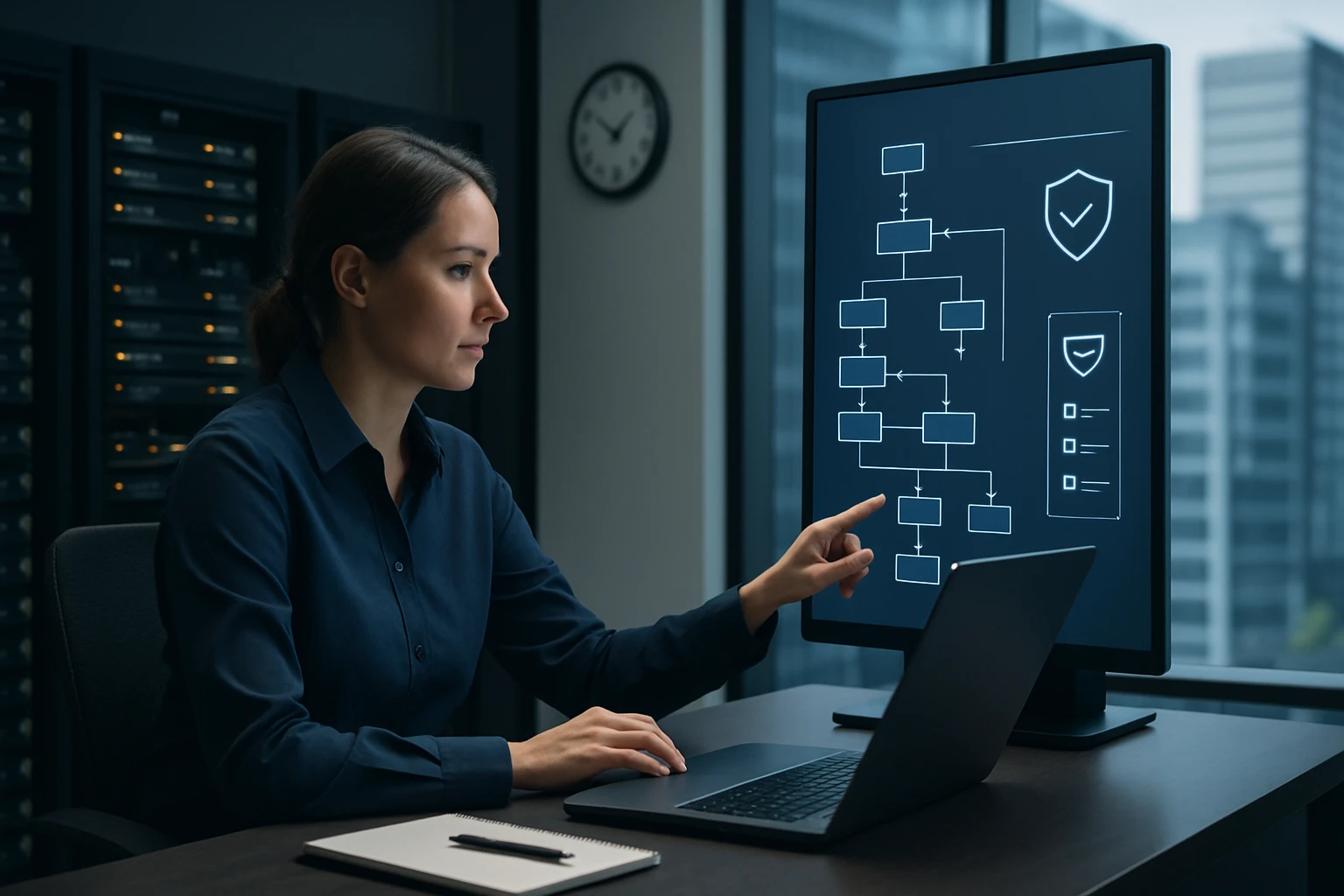 Žena v kancelárii pracuje na počítači a analyzuje diagramy na obrazovke.