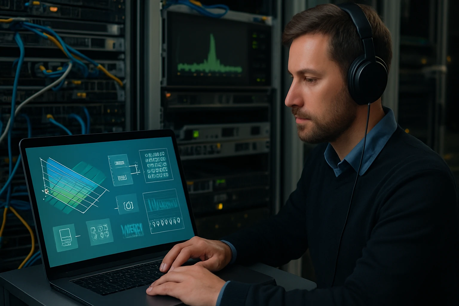 Muž pracuje na laptopu, mikroszkopikus grafikonokkal a képernyőn, háttérben szerverek.