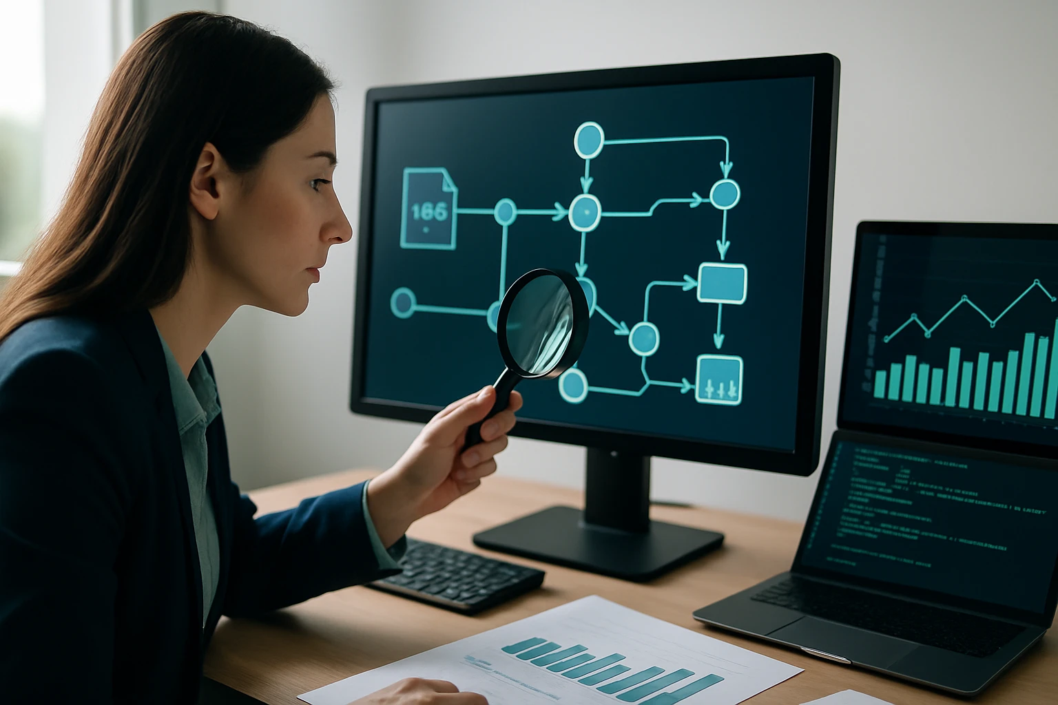 Žena s lupou analyzuje grafy a diagramy na obrazovke počítača.