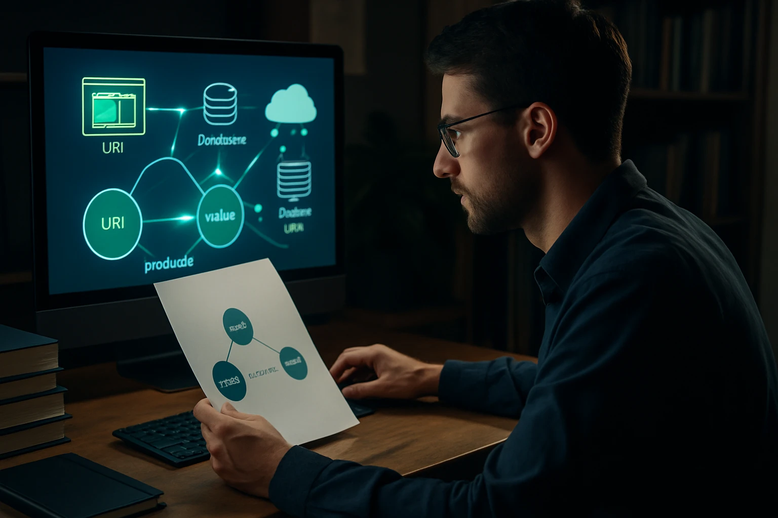 Muž sedí pri stole, pozoruje grafy a diagramy na obrazovke počítača.