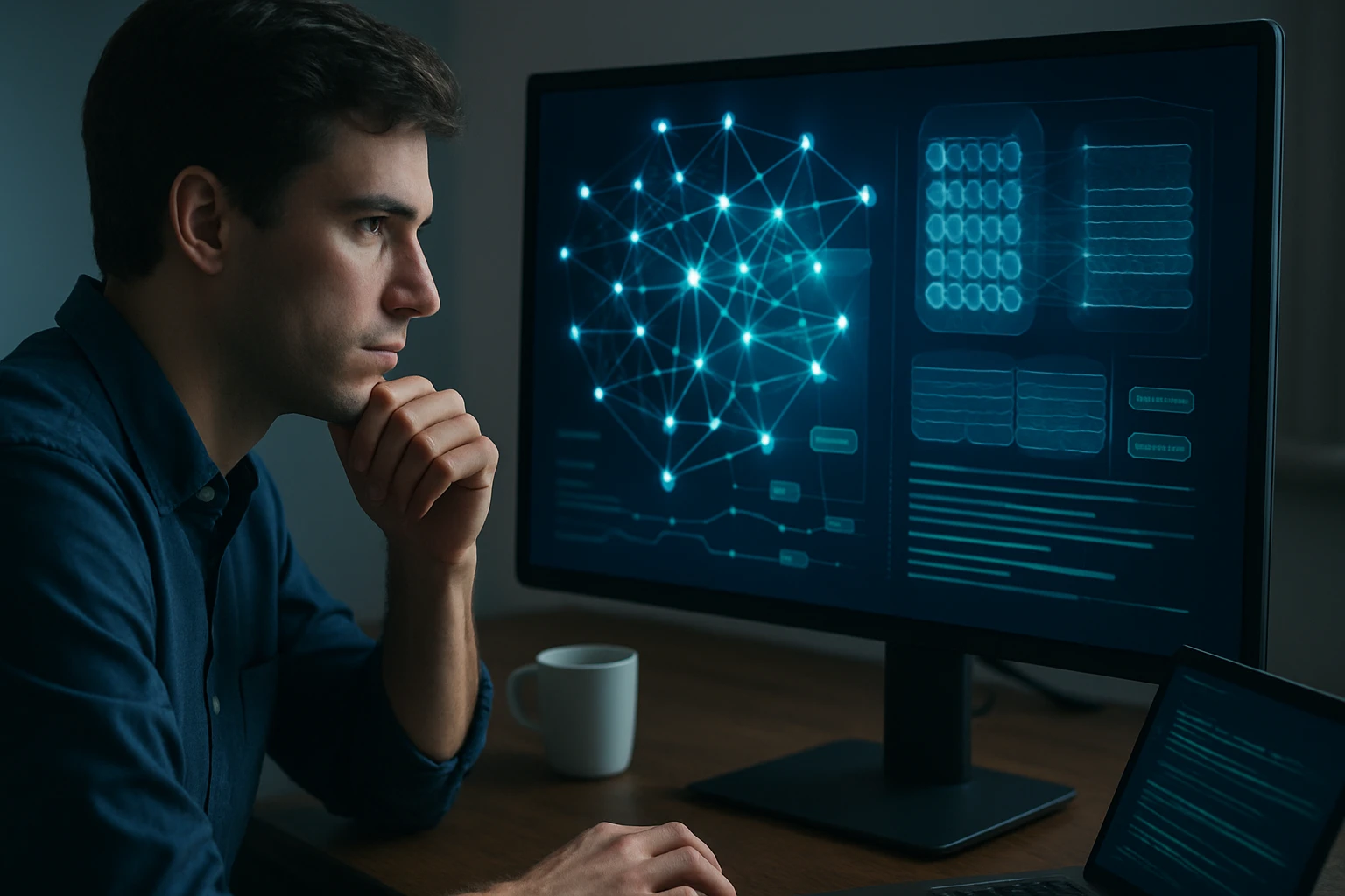 Mladý muž zamyslene sleduje obrazovku s dátovými vizualizáciami.