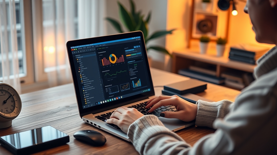 Osoba pracuje na laptopu, analýza dát s grafmi na obrazovke.