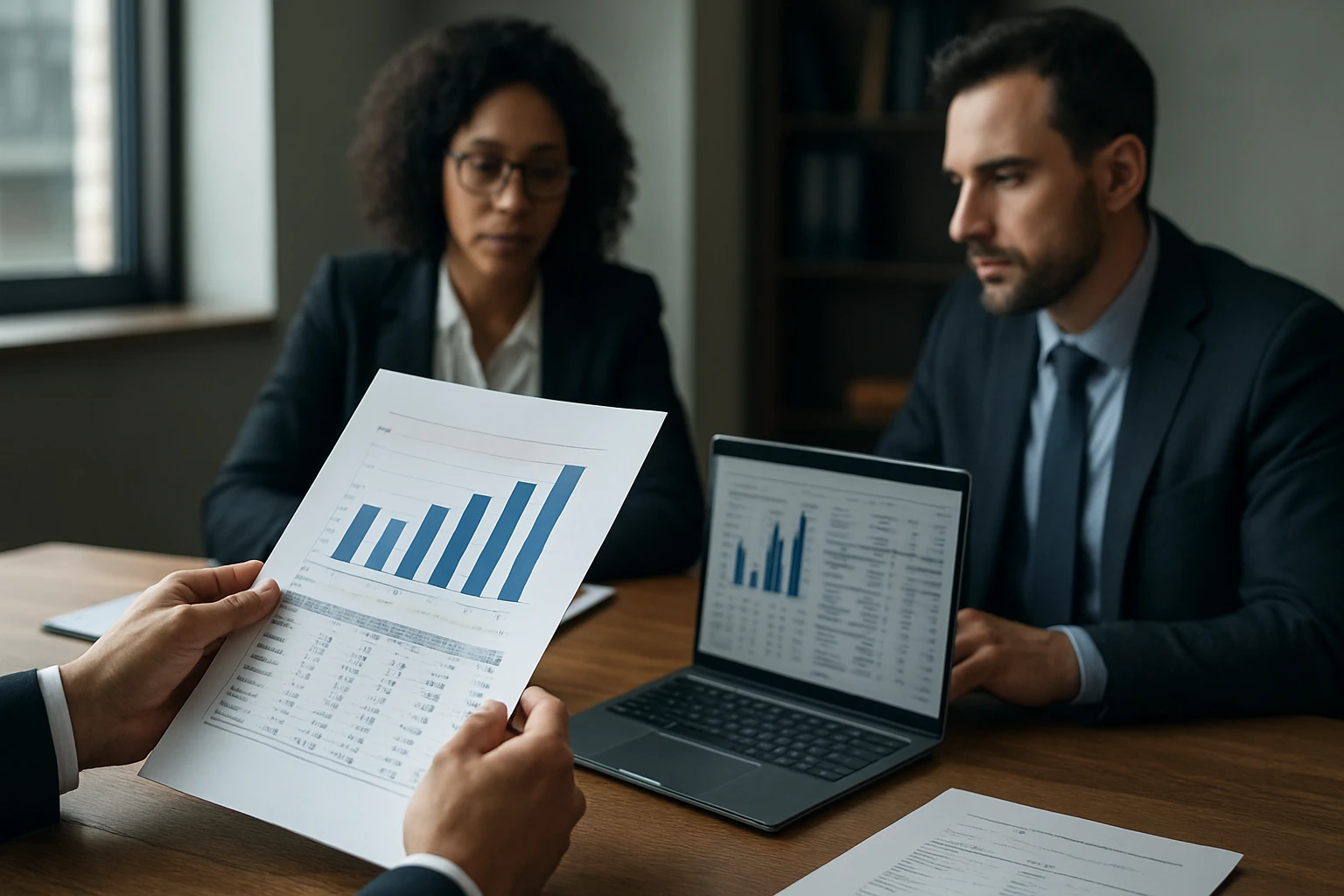 Muži a ženy v oblekoch diskutujú o grafoch a údajoch na stretnutí.