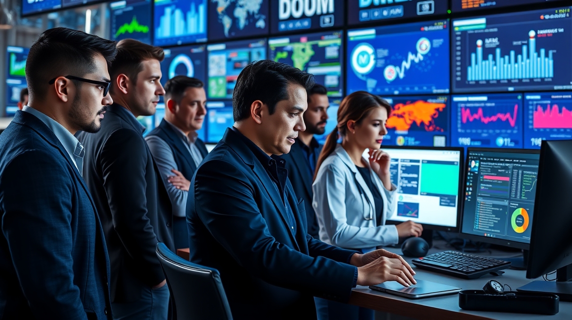 Skupina profesionálov sleduje analýzy na viacerých obrazovkách v modernom pracovnom prostredí.