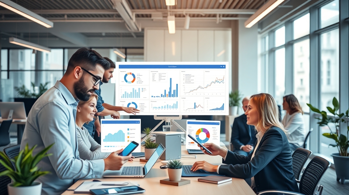 Skupina profesionálov pracuje na analýze dát v modernom kancelárskom prostredí.