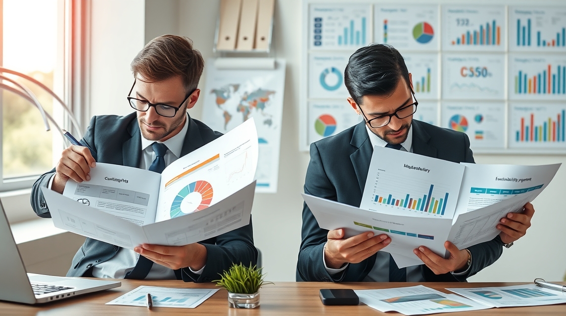 Dva muži v oblekoch analyzujú grafy a správy v kancelárii.