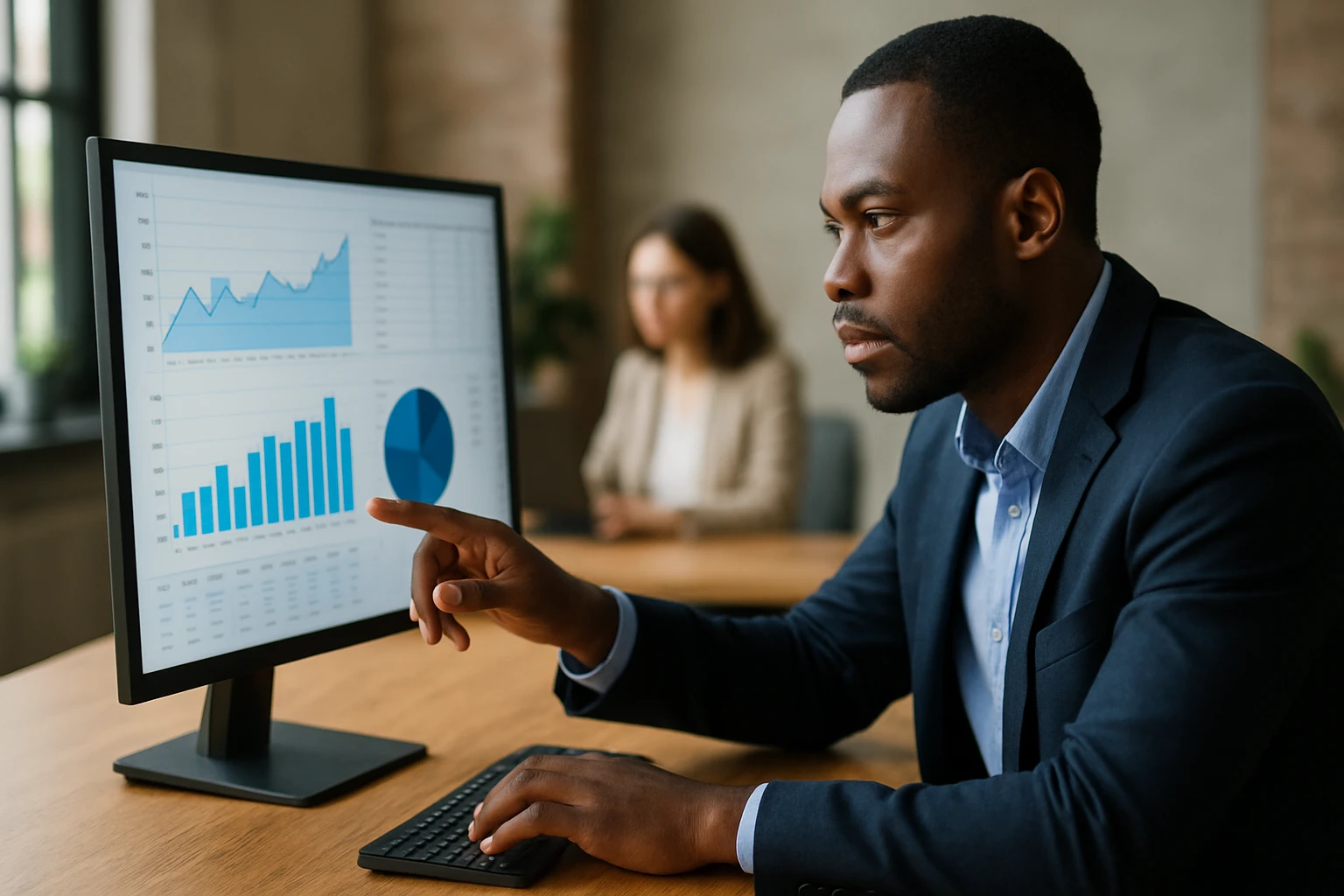 Muž v obleku analyzuje grafy a štatistiky na počítači v kancelárii.