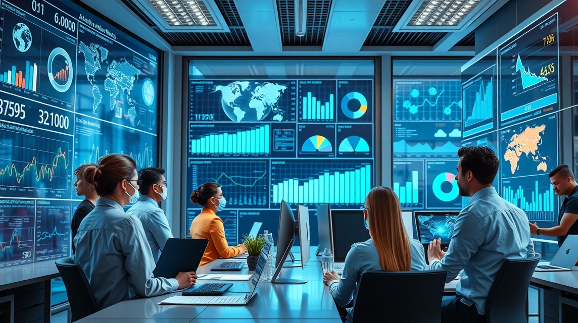 Skupina profesionálov sleduje analýzy a grafy na obrazovkách v modernom kancelárskom prostredí.
