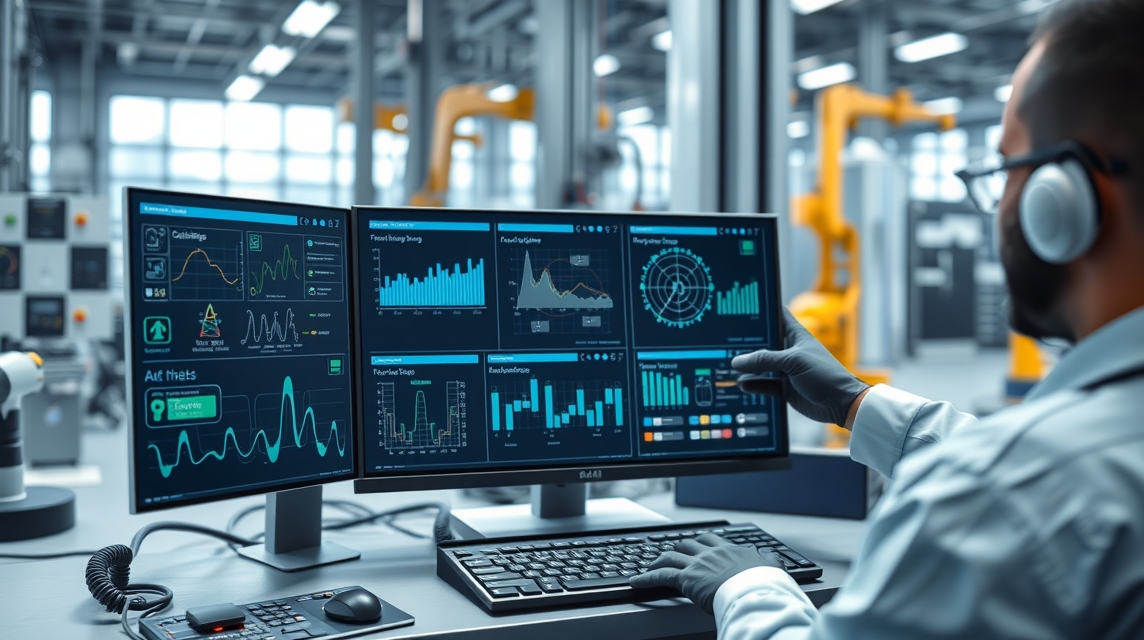 Muž v laboratóriu sleduje analýzy na dvoch monitoroch s grafmi a dátami.