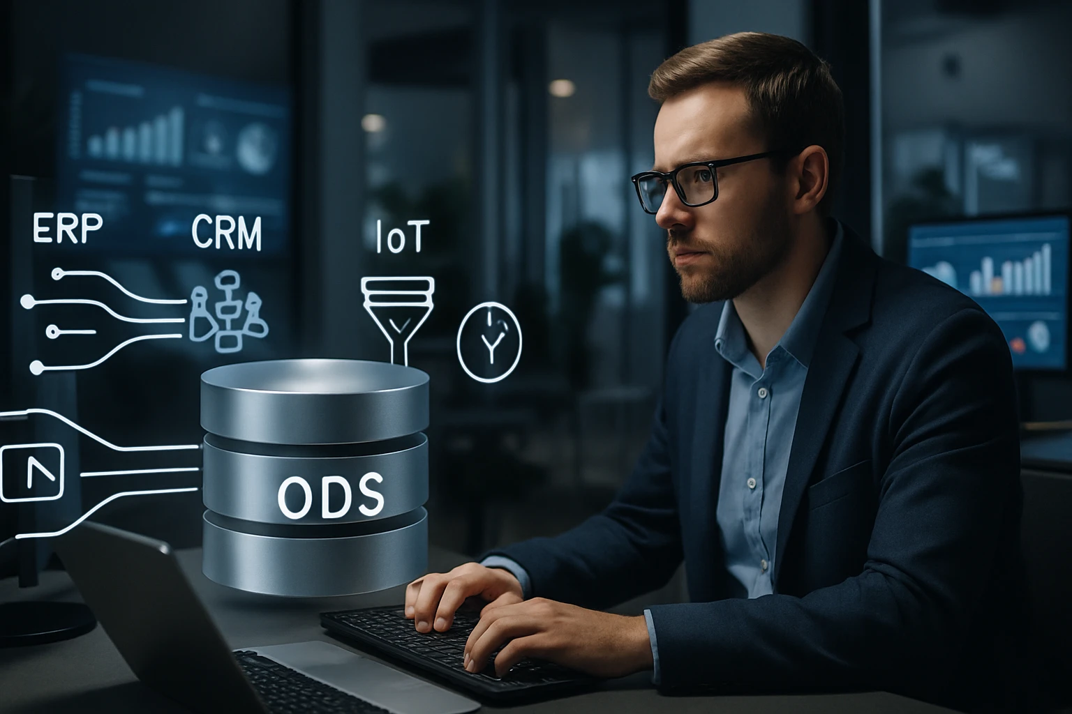 Muž v obleku pracuje na počítači, okolo neho sú grafy a ikony technológií.