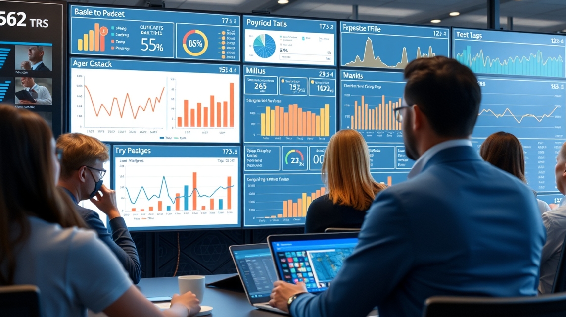 Skupina ľudí sleduje analýzy a grafy na veľkej obrazovke v kancelárii.