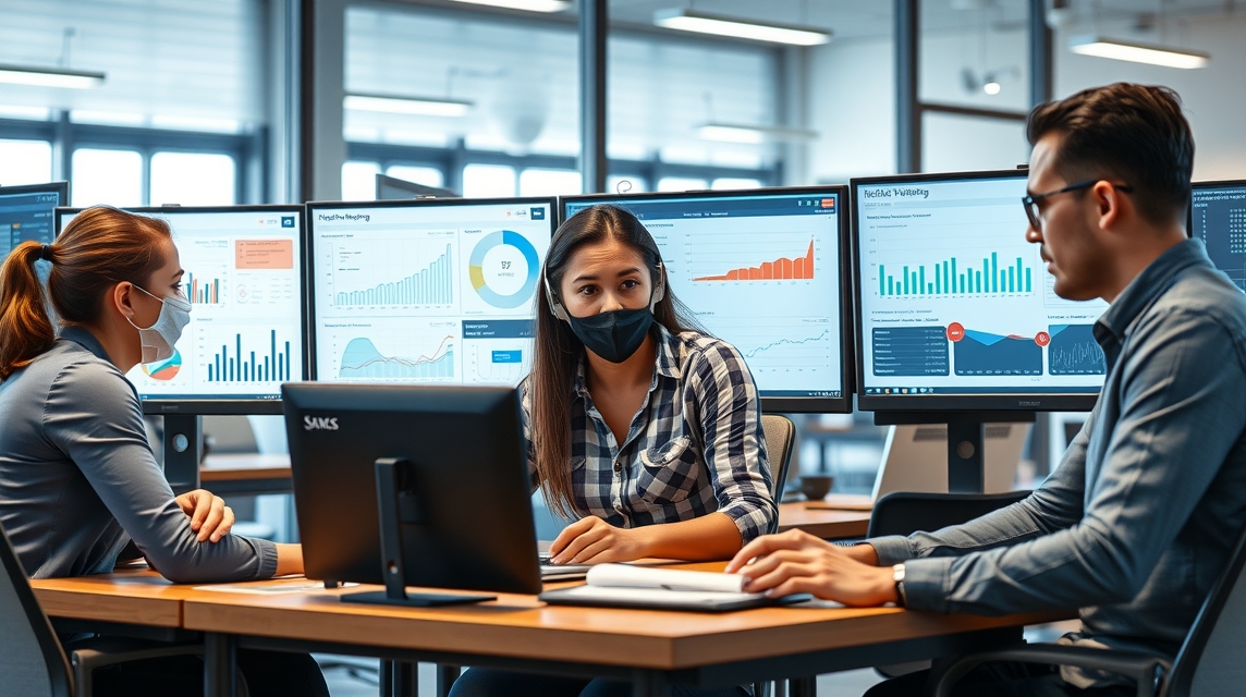 Trojica pracovníkov v kancelárii analyzuje dáta na viacerých obrazovkách.