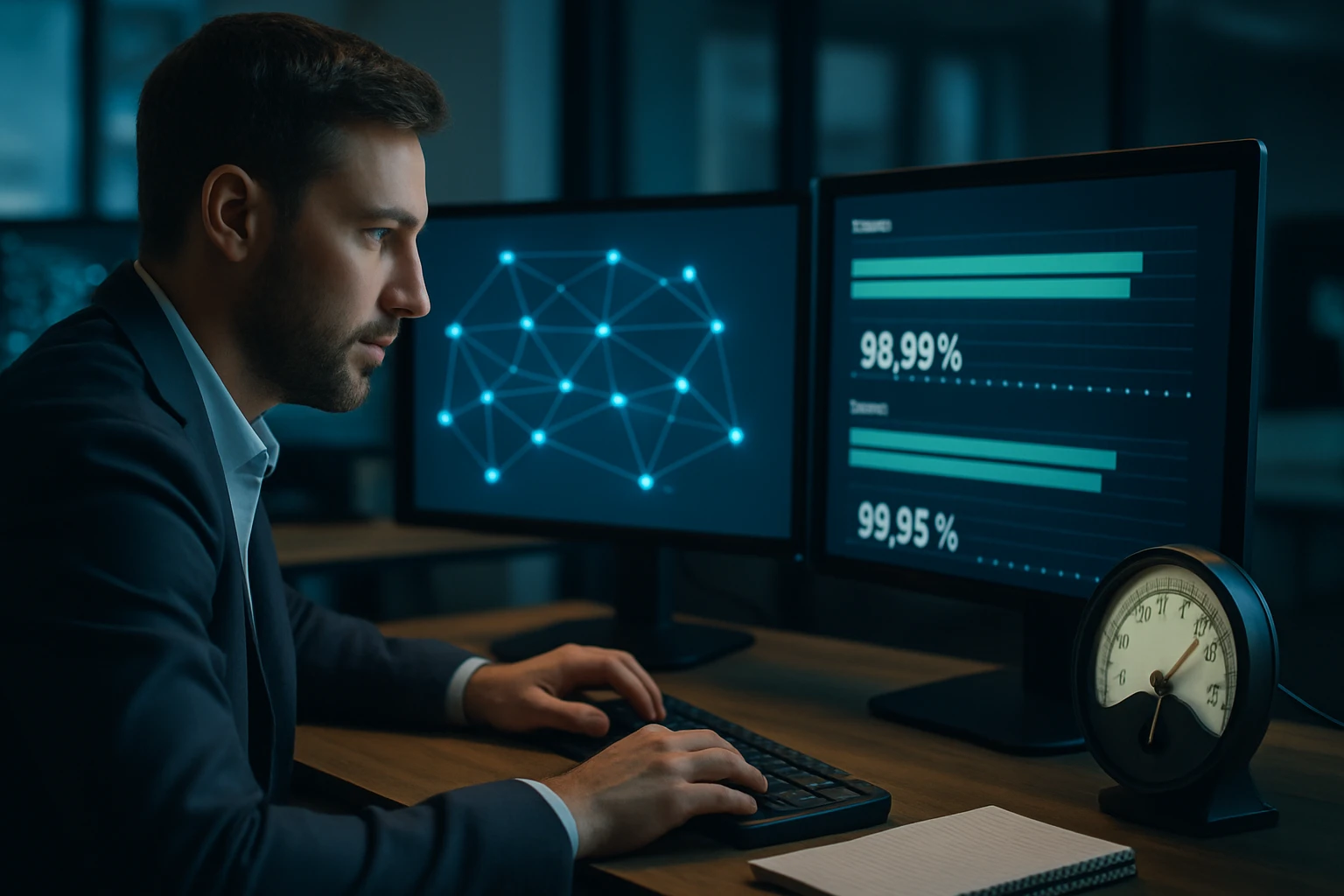 Muž v obleku pracuje na počítači s dvoma obrazovkami, analyzujúc dáta.