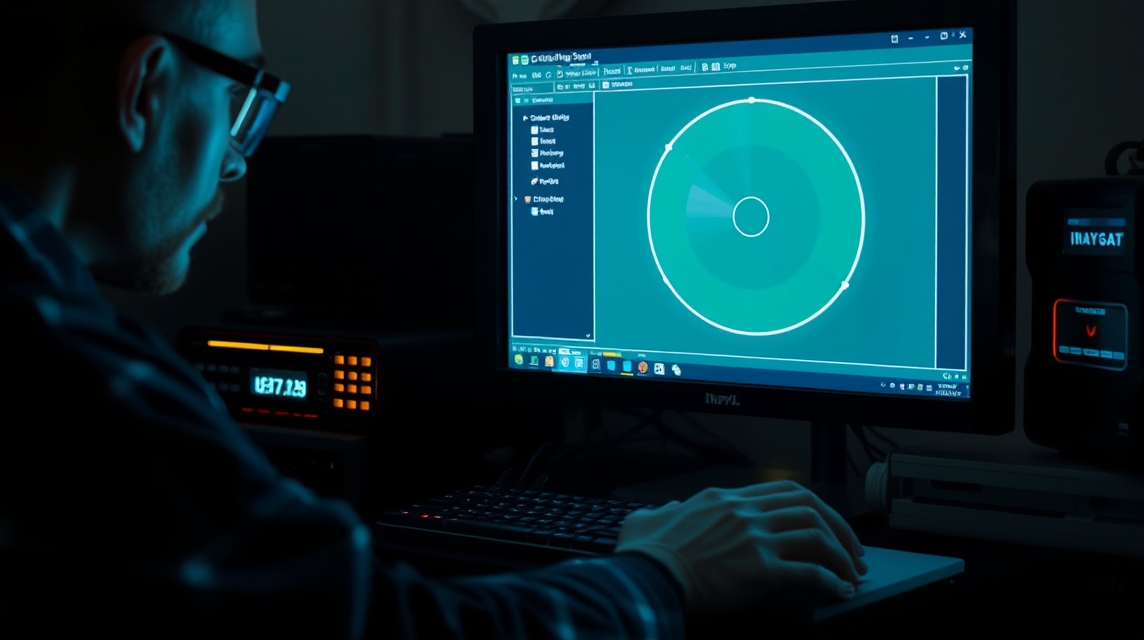 Muž pracuje na počítači, zobrazuje grafické rozhranie s radarovým diagramom.