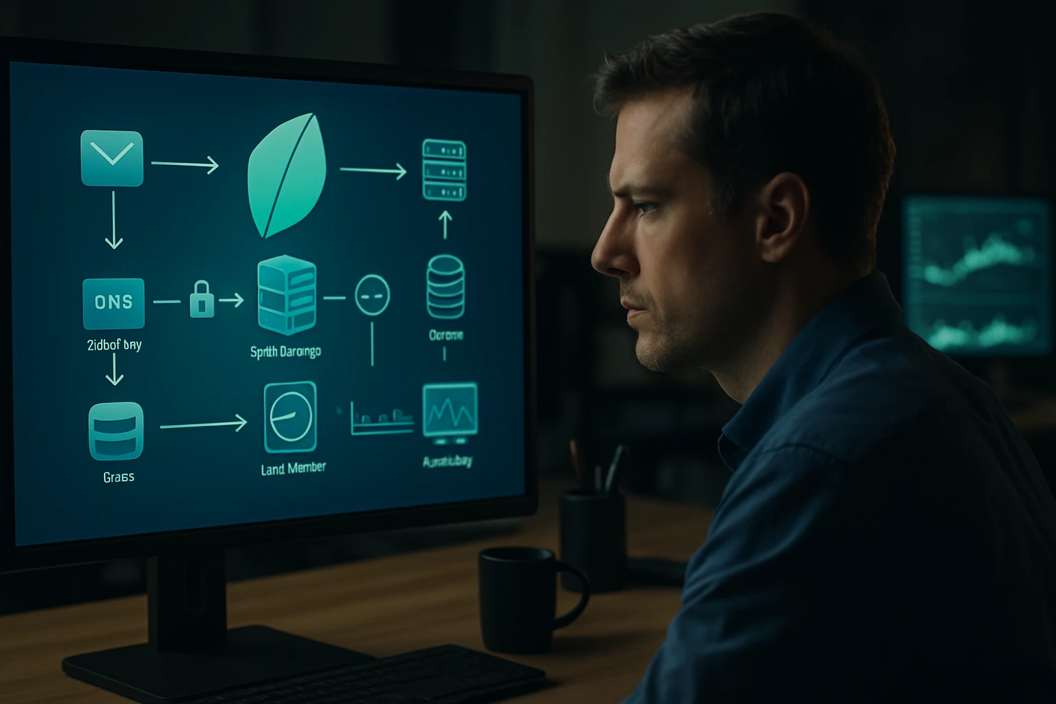Muž sedí pred počítačom, analyzuje grafy a diagramy na obrazovke.