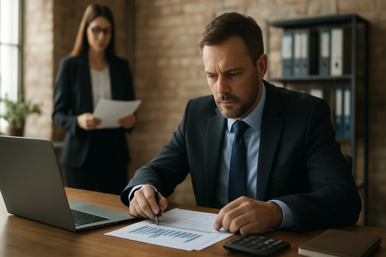 Muž v obleku analyzuje dokumenty a grafy na stole, zatiaľ čo žena v pozadí drží papier.