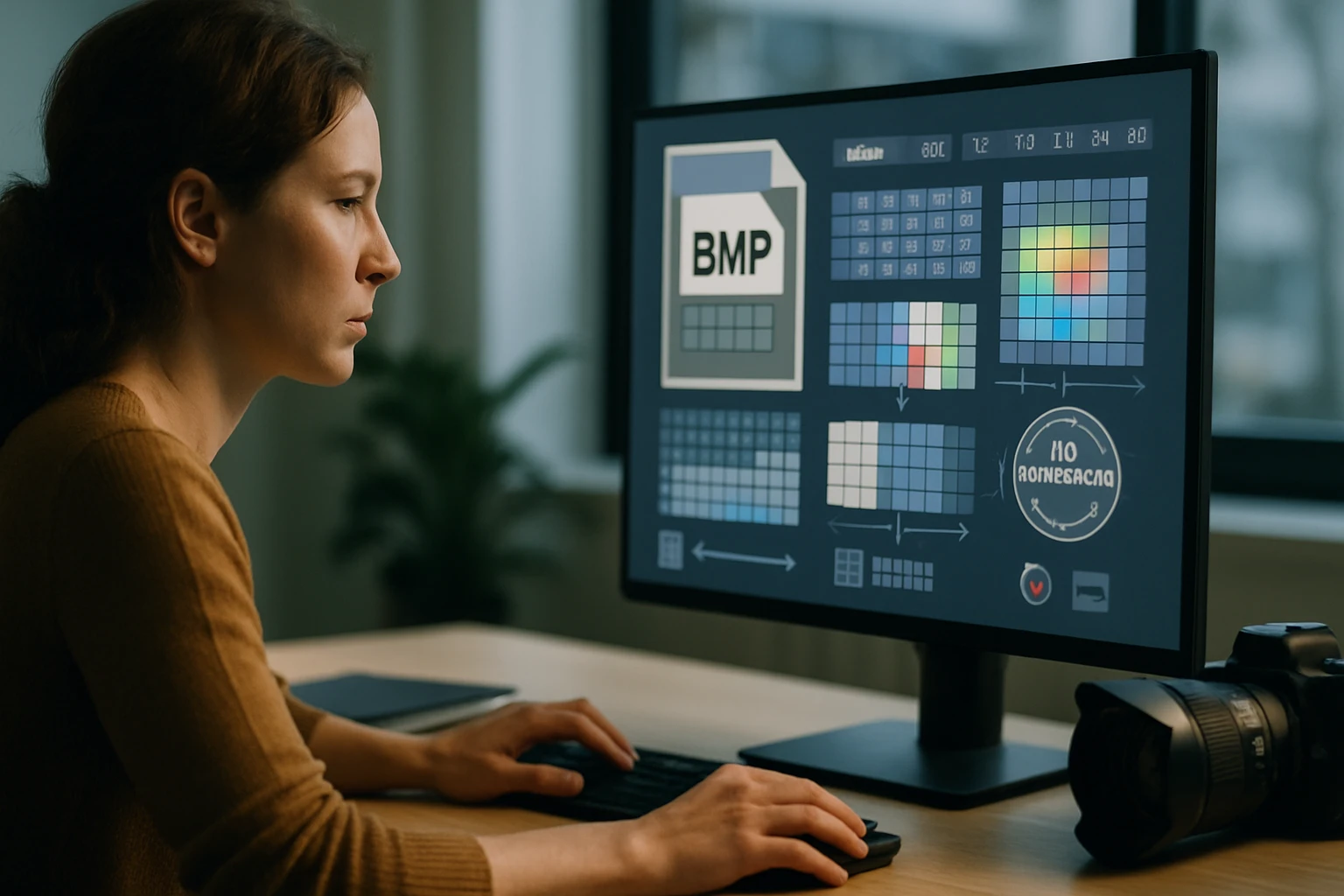 Žena pracuje na počítači, analyzujúc grafické formáty a farby.