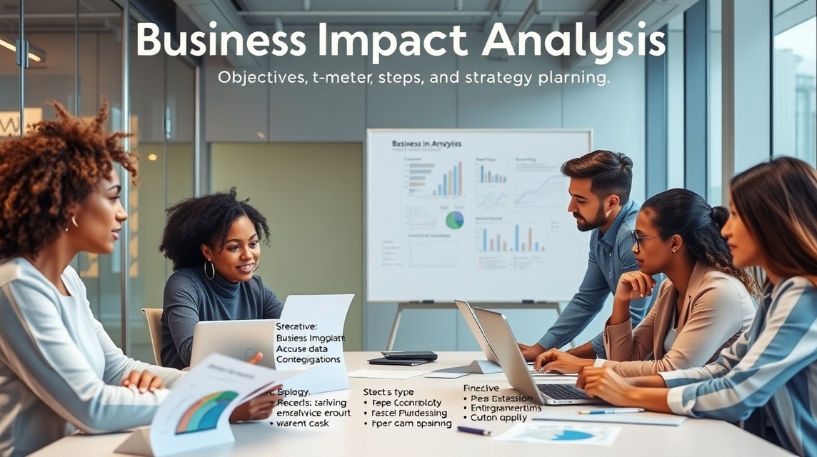 Skupina šiestich profesionálov diskutuje o analýze obchodného dopadu v modernom kancelárskom prostredí.