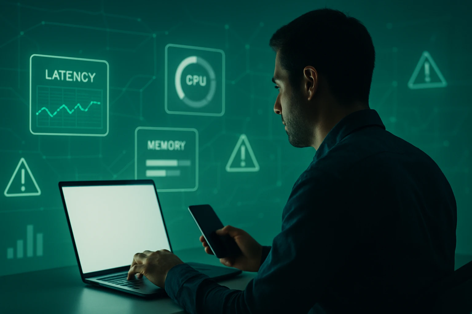 Muž sedí pred laptopom, sleduje grafy a údaje o CPU a pamäti.