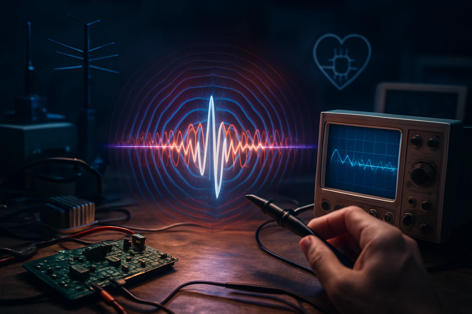 Rukou držaný pero nad osciloskopom, zobrazuje zvukové vlny a elektronické obvody.