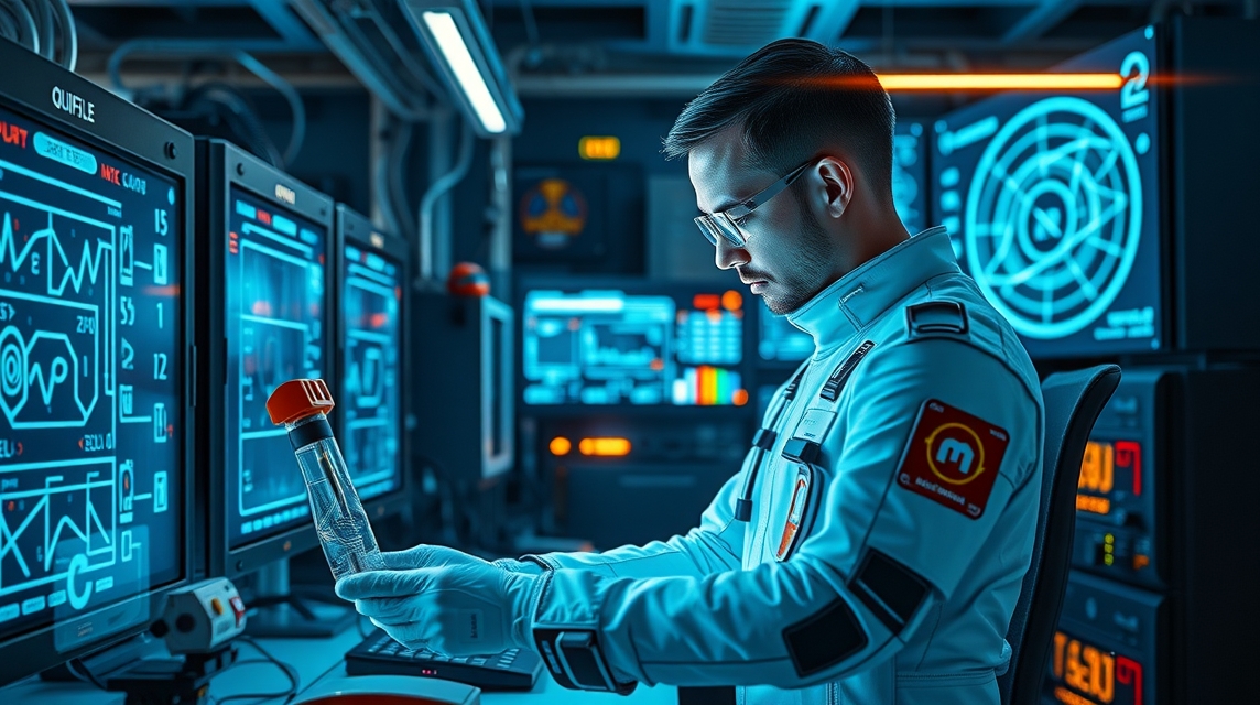 Muž v astronautskom obleku skúma skúmavku v technologickej miestnosti.