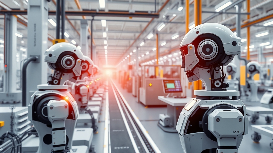 Roboťáci v modernom priemyselnom prostredí s automatizovanými strojmi.