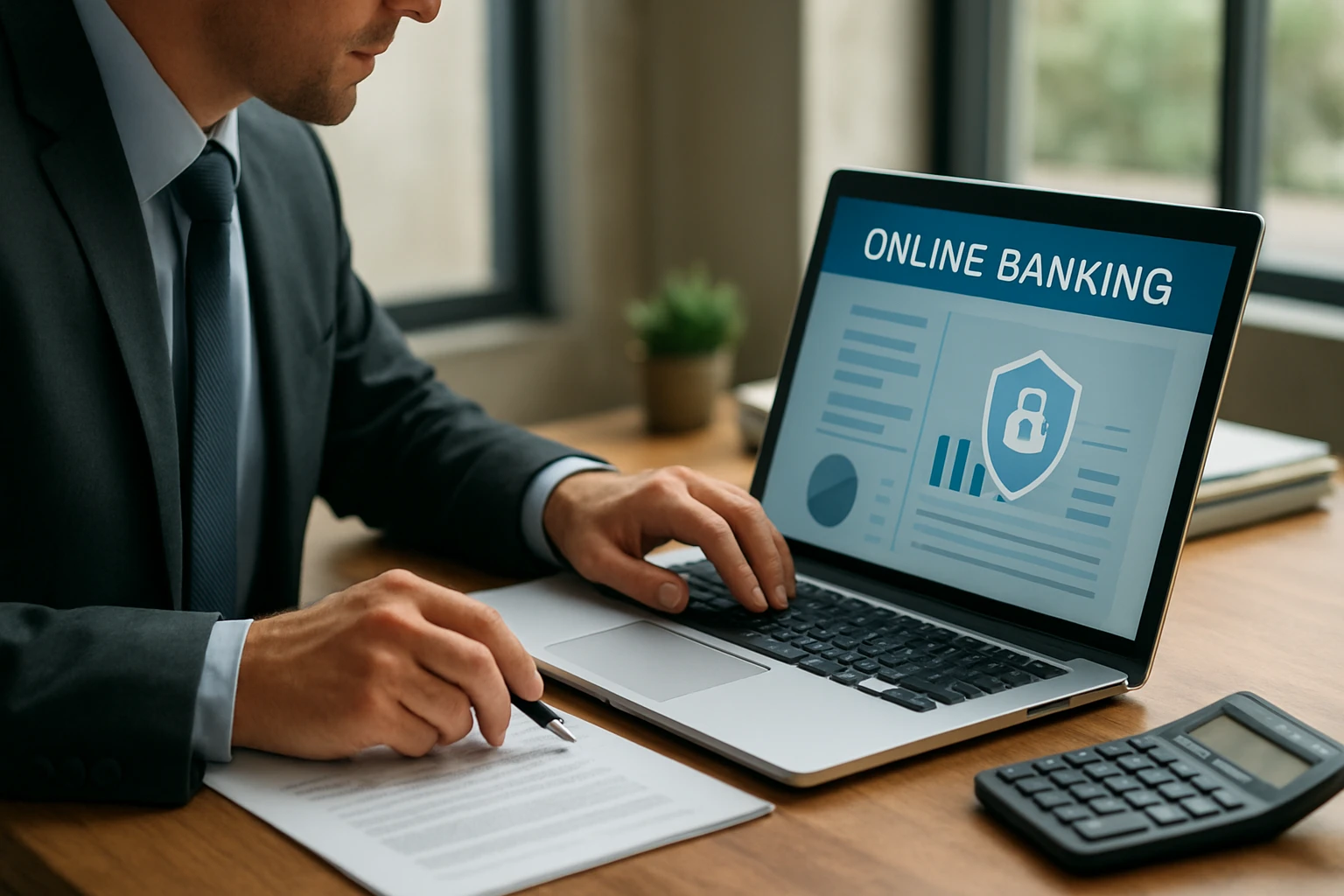 Muž v obleku pracuje na laptopu, na obrazovke online bankovníctvo s grafmi.