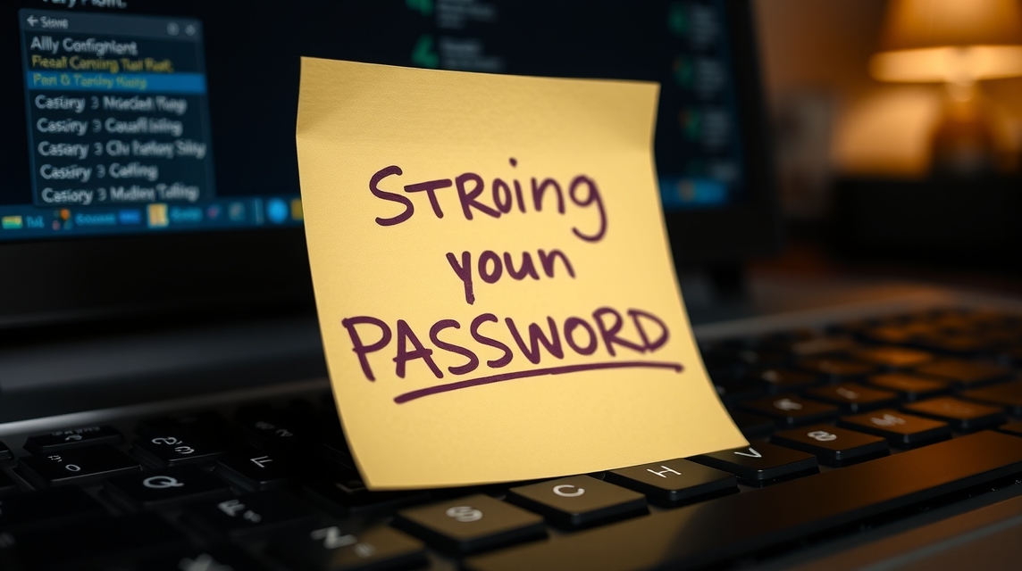 Žltý papierik s nápisom 'String your PASSWORD' na klávesnici počítača.