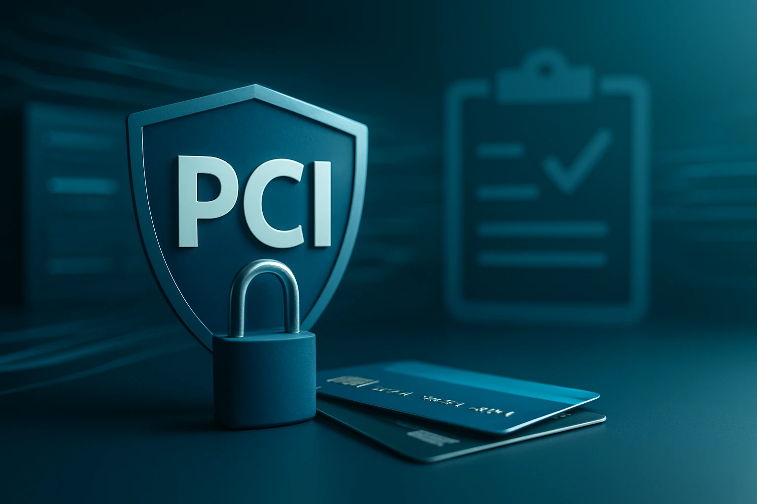 Moderna grafika s logom PCI a zámkom, kreditné karty v pozadí.