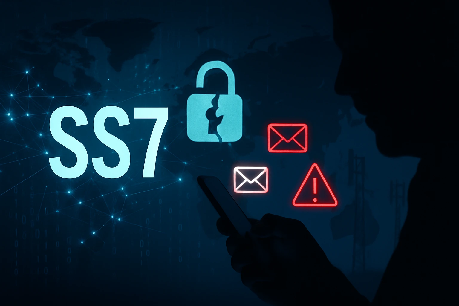 Silueta osoby s mobilným telefónom, na pozadí symboly kybernetickej bezpečnosti a SS7.