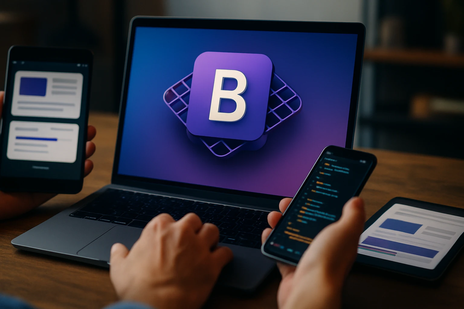 Osoba pracuje laptopom, mobilom a tabletom, a na képernyőn a Bootstrap logó látható.