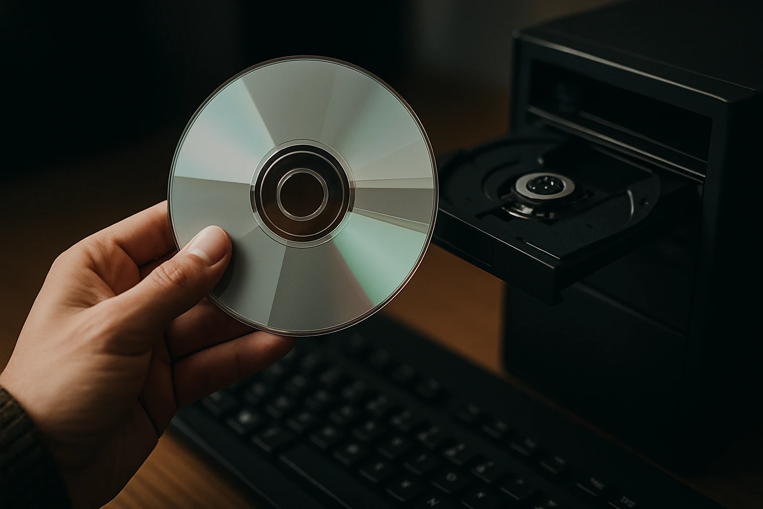 Ruka drží CD disk pred otvorenou mechanikou počítača.