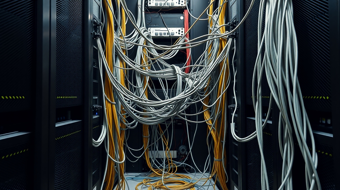 Preplnený serverový priestor s množstvom káblov a zariadení.