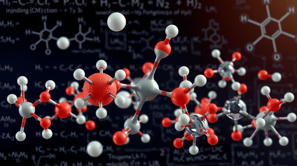 Molekuly zložené z červených a bielych atómov na pozadí chemických vzorcov.