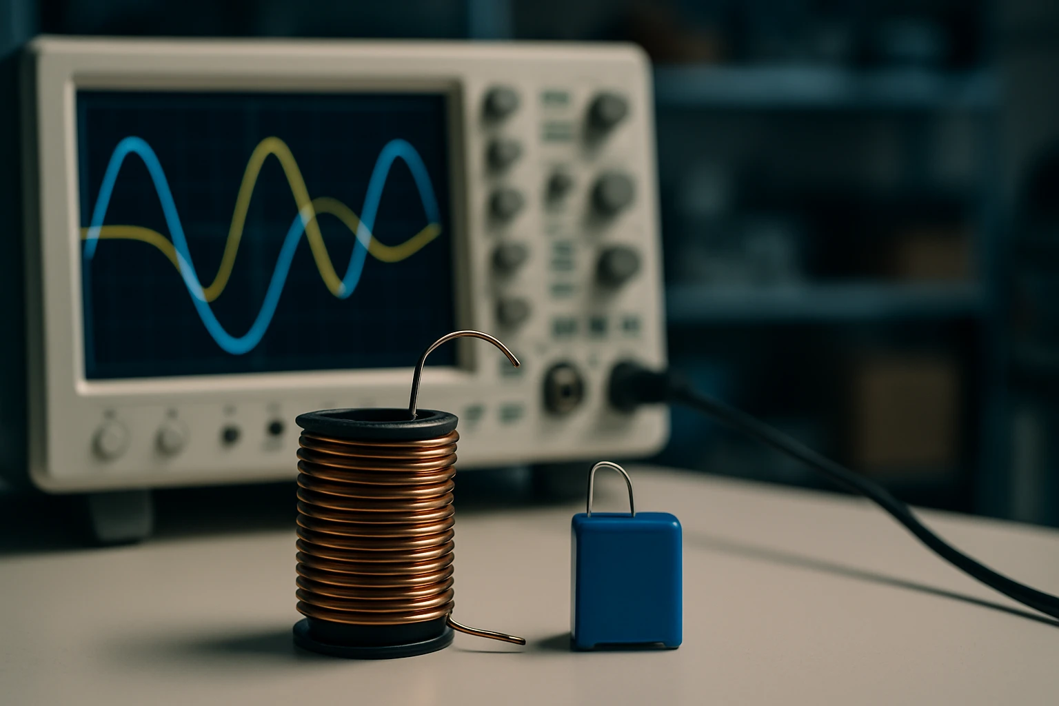 Na stole je cievka z medeného drôtu a modrý zámok pred osciloskopom.