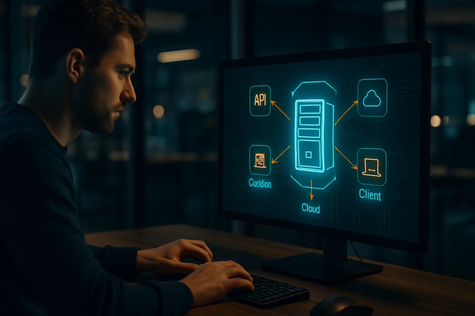Muž sedí pri počítači, zobrazuje diagram s cloudovými technológiami.