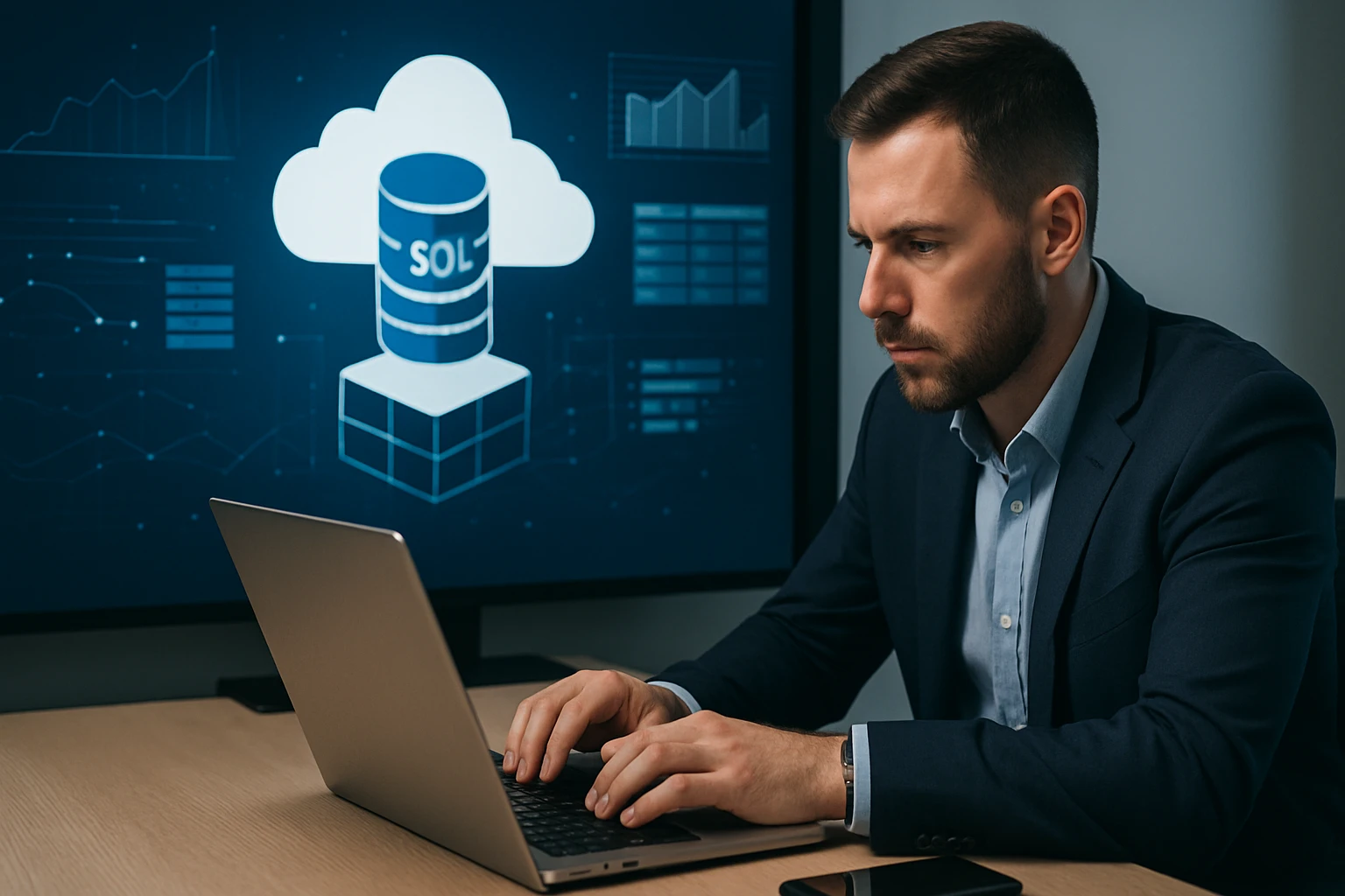 Muž v obleku pracuje na laptopu s grafmi a cloudovým úložiskom na pozadí.