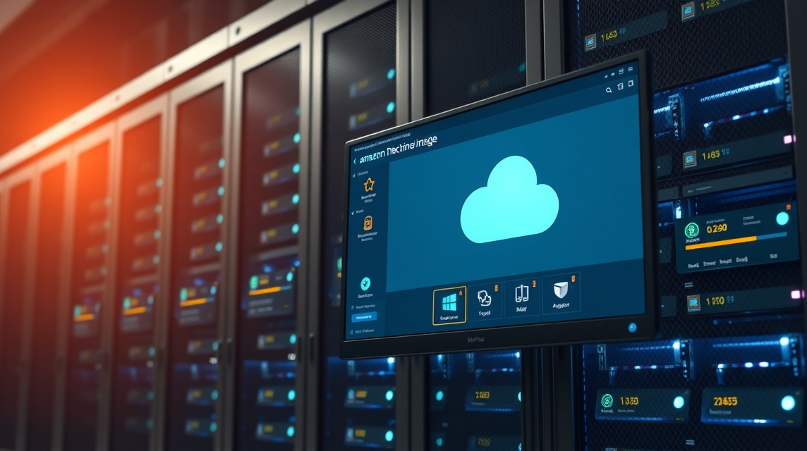 Monitor zobrazuje cloudové úložisko v dátovom centre s servermi.